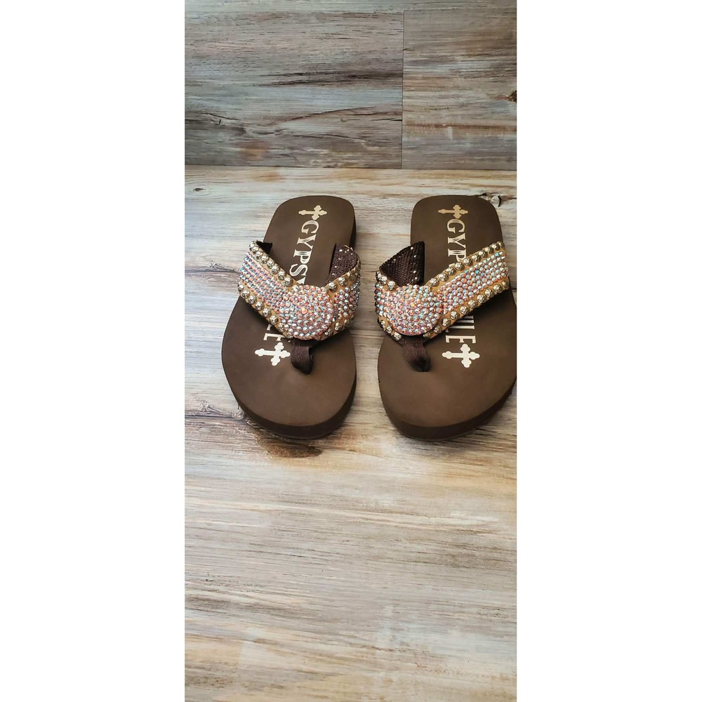 Gypsy Soule Womens Brown Rhinestone Crystal Embellished Flip Flop Sandals Size 8
